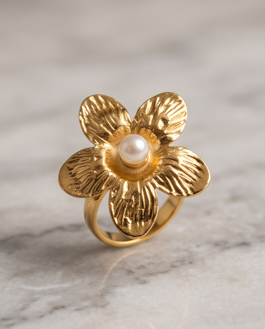 Adjustable Flower with Pearl Ring